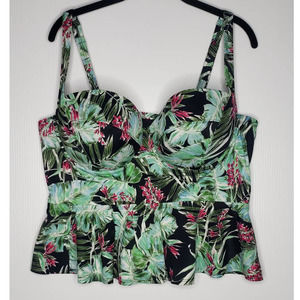 Torrid Black Palm Tropical Print Midkini Peplum Bustier Swimsuit Top 3 3X 22-24